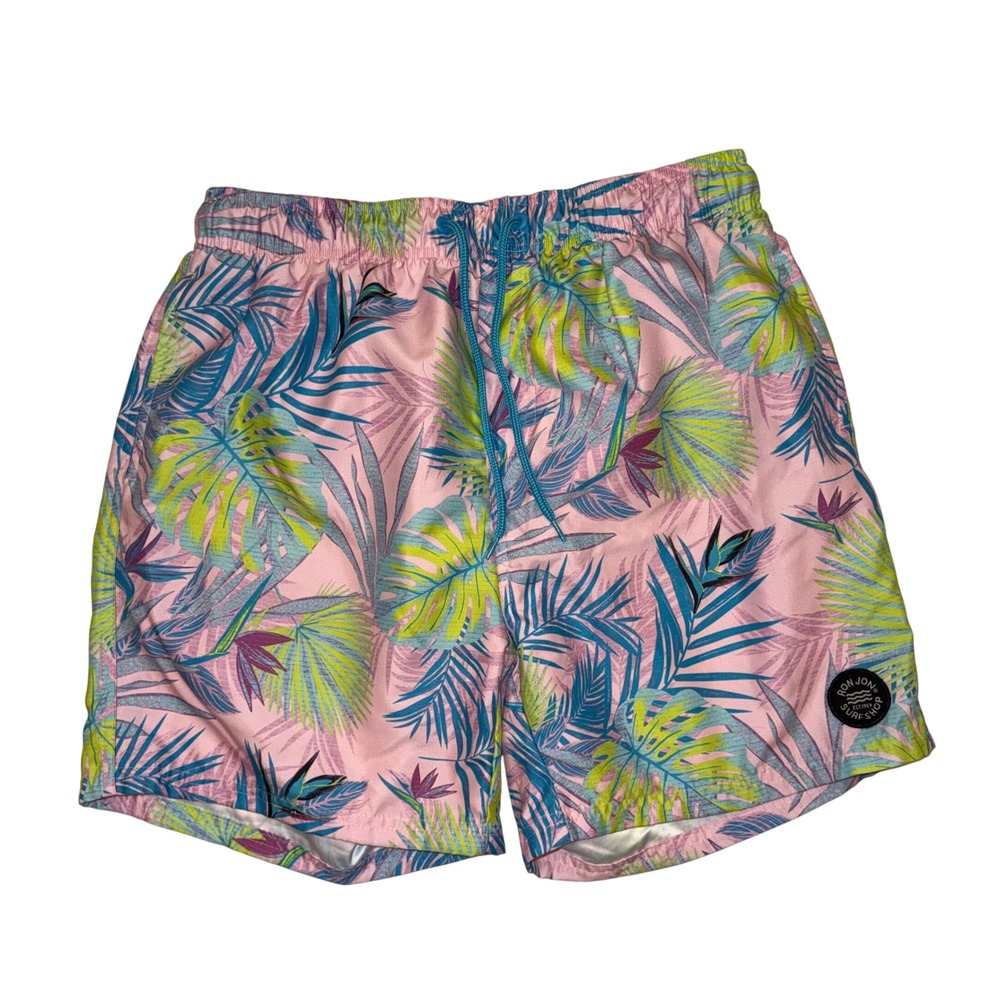 Ron Jon Surf Shop Swim Trunks Men Large Pink Tropical Palm Mesh Liner EUC Beah
